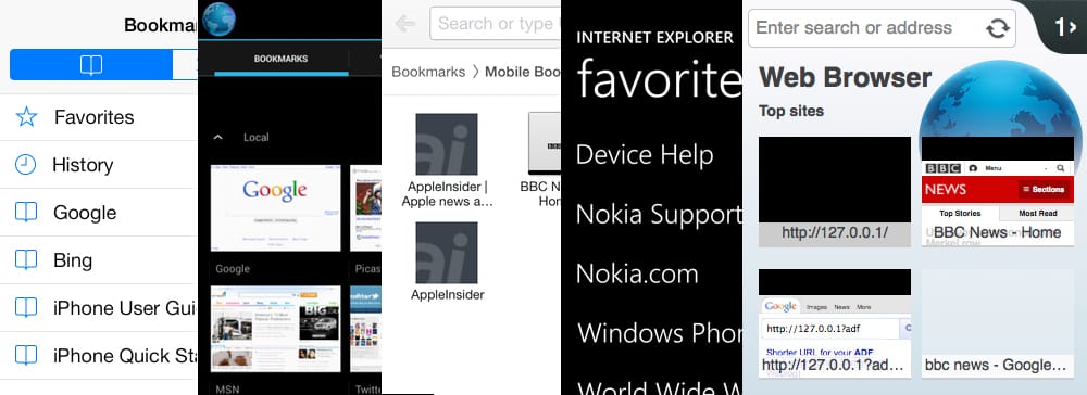 From left to right, the bookmarking facilities of Safari on iOS, Android 4.3 stock browser, Chrome on iOS, Internet Explorer 10 on Windows Phone 8, and Firefox OS's default browser.