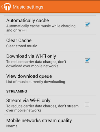 Settings for Google Play Music