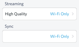 Rdio's settings menu